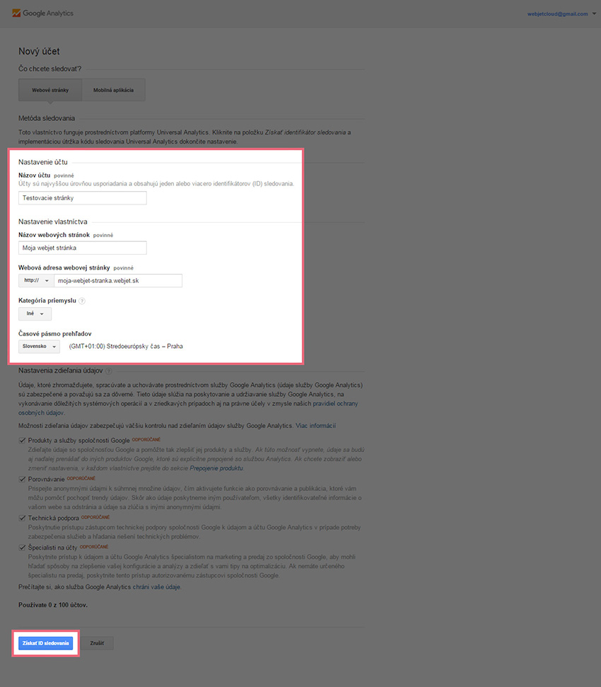 Nastavenie účtu v Google Analytics